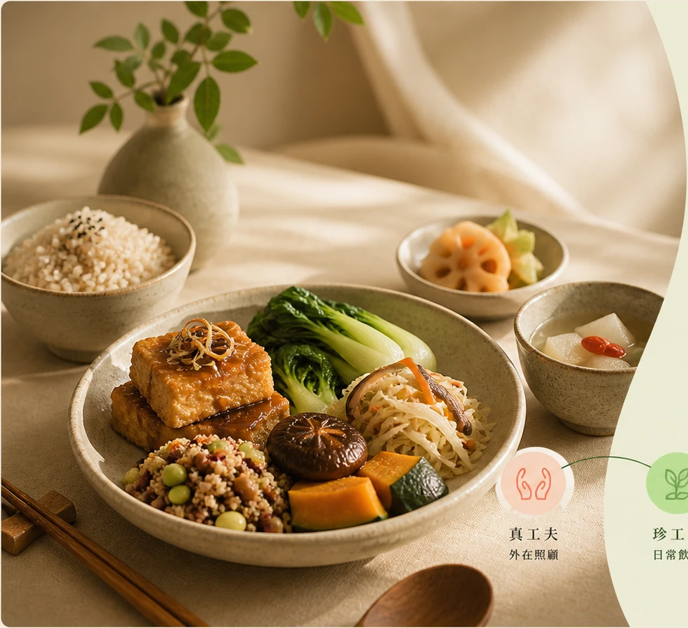 以陶器盛裝的珍工夫疏食餐點